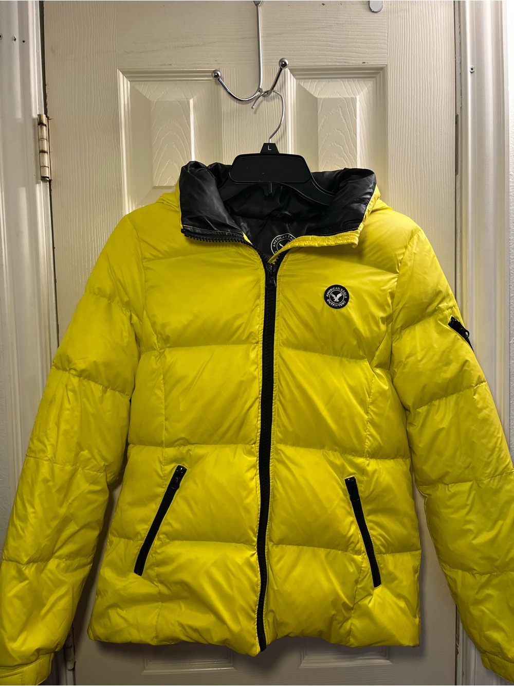 Women’s Bright Yellow Puffer Jacket with Black Trim